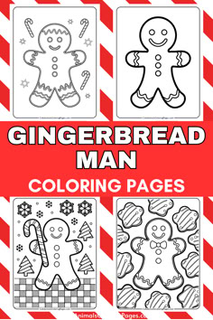 Gingerbread man coloring pages featuring four different designs with festive elements like candy canes, snowflakes, and decorated cookies, perfect for holiday-themed activities. Preschool Gingerbread Crafts, Gingerbread Man Crafts For Preschoolers, Gingerbread Stencil, Gingerbread Crafts For Kids, Crafts For December, Gingerbread Worksheets, Art Grade 4, Christmas School Ideas