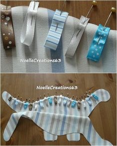 two pictures showing different ways to sew fabric and buttons on clothes pins, with instructions for how to sew them