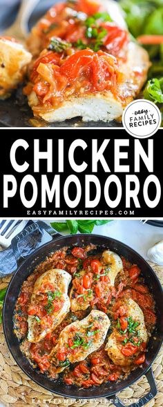 chicken pomodoro in a skillet with tomatoes and broccoli on the side