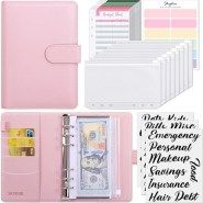 a pink planner book with notes and stickers