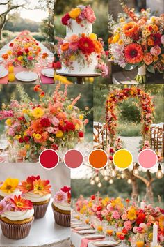 a collage of different pictures with flowers and cakes