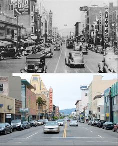 an old and new photo of cars driving down the street