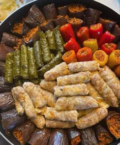 a pan filled with different types of food