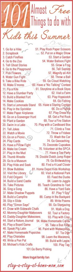 a red and white poster with the words 1011 almost the things to do with kids this summer