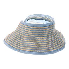 Boardwalk Hats' Two Tone Roll Up Wrap Around Sun Visor Hat provides the perfect combination of style and sun protection for kids. With an open crown wrap around design and a unique striped colorful pattern, this hat is lightweight and easy to roll up and take on the go. Plus, its small size ensures a snug and comfortable fit. Enjoy the sun while staying safe! All around 3" wide brim. Two tone striped ribbon bound brim. Adjustable hook and loop closure. Elastic band to hold rolled up visor in pla Uv Protection Hat For Pool, One Size Fits Most, Uv Protection Hat For Pool, Striped Bucket Sun Hat For Beach, Striped Bucket Hat For Beach, Striped Bucket Hat For The Beach, One Size Visor Sun Hat For Sunbathing, Sun Visor Hat For Sunbathing, Striped Brimmed Sun Hat For The Beach, Multicolor Sun Hat With Uv Protection For Travel