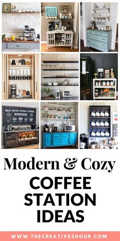 modern and cozy coffee station ideas for the kitchen, dining room or living room with text overlay