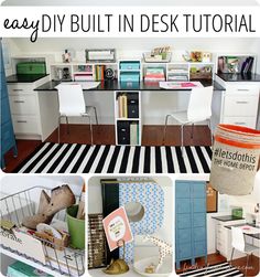 a collage of photos with the words easy diy built in desk tutorial