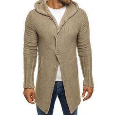 Mens Casual Single Breasted Hooded Autumn And Winter Fashion Shirt Knitted Wool Overcoat Men, Long Knit Sweater, Clothes Winter, Mens Cardigan Sweater, Winter Vest, Cardigan Long, Long Sweater, Pull Sweat, Mens Clothes