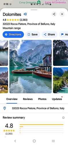 the travel app is open and shows pictures from different places in italy, including mountains