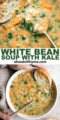 white bean soup with kale and carrots in a bowl, topped with bread