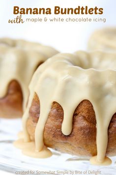 banana bundtlets with maple and white chocolate icing on a glass platter