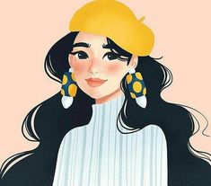 an illustration of a woman with long black hair wearing yellow and white earring's