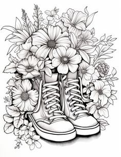 a drawing of a pair of sneakers with flowers in the background