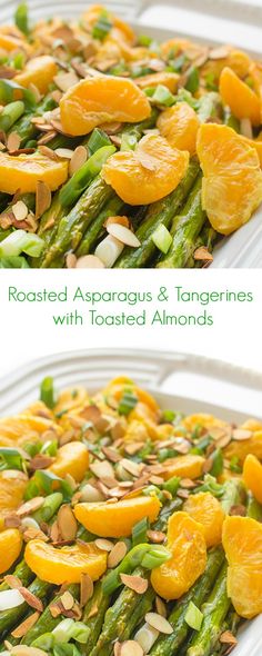 roasted asparagus and tangerines with toasted almonds in a white dish