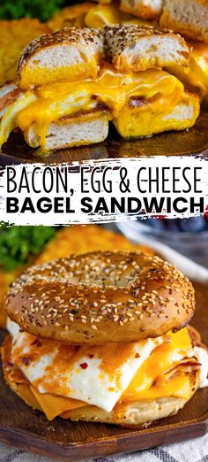 bacon egg and cheese bagel sandwich on a wooden platter with text overlay