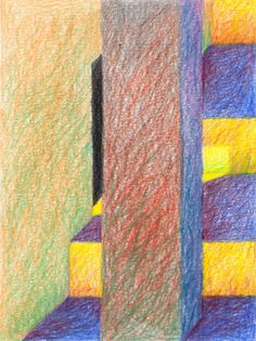 colored pencil drawing of two tall buildings in front of a building with yellow and blue stripes