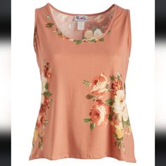 Alone Or With Layers, This Sleeveless Top Skims Your Curves And Provides Just A Hint Of Stretch For A Figure-Flattering Fit. Size Xl: 27'' Long From High Point Of Shoulder To Hem 97% Polyester / 3% Spandex Machine Wash; Tumble Dry Assembled In The Usa Using Rose Print Sleeveless Tops For Summer, Sleeveless Rose Print Tops For Summer, Gold Floral, High Point, Crop Tank, Pink And Gold, Tank Top Fashion, Sleeveless Top, That Look