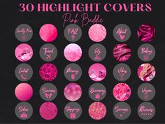 pink and grey circles with the words, 30 highlight covers on each circle in different colors