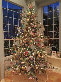 a decorated christmas tree in the corner of a living room with large windows at night