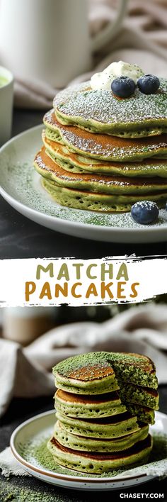 stack of matcha pancakes with blueberries and powdered sugar