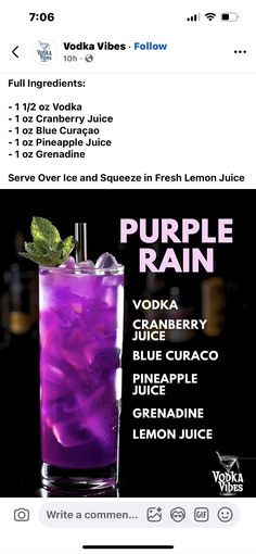 Cranberry Juice And Vodka, Blue Curacao, Easy Food, Pineapple Juice, Purple Rain, Lemon Juice