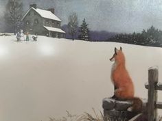 a painting of a fox sitting on top of a fence in front of a house