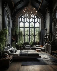 a bedroom with a large bed and lots of plants in it's windowsill