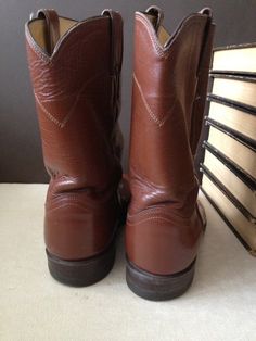 "Vintage Justin Roper Cognac Leather Western Riding Biker Boots Size 9.5 D Mens Made in USA Thick & sturdy leather, leather sole, wood stacked heels Length is 11.75\", width is 4\", Height is 10.75\", 1\" soles, insoles 11\", boots are marked as 9.5 D please check chart below for sizing questions, and measure well before purchasing, thank you http://www.zappos.com/c/shoe-size-conversion Leather is in good condition, with scuffing & marks, scratches on the toes, wood heels show age. Soles Vintage Work Boots With Goodyear Welt Construction For Fall, Brown Snip Toe Moto Boots For Riding, Brown Round Toe Work Boots For Riding, Vintage Moc Toe Moto Boots For Fall, Brown Round Toe Riding Boots, Rustic Brown Work Boots With Goodyear Welt, Vintage Moto Boots With Leather Footbed And Moc Toe, Vintage Moc Toe Moto Boots With Leather Footbed, Western Brown Work Boots With Goodyear Welt