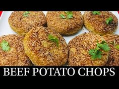 some food that is on a plate with the words beef potato chops