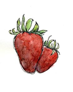 two strawberries with green leaves on the top and bottom, drawn in colored pencil