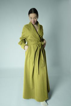 "Beautiful, well made robe that is so soft and luxurious.  With large pockets and long sleeves. Made of very soft and pleasant to the body jersey. On the wrong side has a down. It is really warm and cozy. It absorbs moisture well and dries quickly. Perfect gift for your loved ones. - 95% organic cotton, 5% elastan . Knitwear has certificates GOTS and Oeko-Tex. - 100% Handmade, cut and sewn with all care and on good equipment to order in our studio. - Standard length robe 56\" / 142cm (but if you need shorter or longer, please write in the personalization).  - Standard sleeve length with turned-up cuff from neck +- : S - 30,5\"/ 77,5cm, M - 30,7\"/ 78cm, L - 31\"/ 79cm, XL - 31,5\"/ 80cm (but if you need shorter or longer, please write in the personalization). The right side of the robe goe Fitted Long Robe For Fall, Green Maxi Dress With Pockets, Long Sleeve Green Robe For Fall, Green Fitted Wrap Maxi Dress, Floor Length Robe, Robe For Women, Girls Party Wear, Women's Robe, Pajama Robe