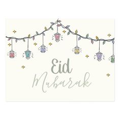 a christmas card with lights and stars on the strings that says, eid nusrek