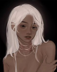 a digital painting of a woman with white hair and piercings on her chest, looking at the camera