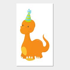 an orange dinosaur with a party hat on it's head is sitting in front of a white background