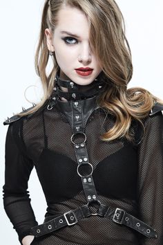 Discover the perfect street/urban fashion accessory with this gothic black leather women's body harness featuring silver neck and body straps. shop now for a unique and stylish look! Harness Women, Garter Dress, Goth Fits, Body Straps, Goth Outfit Ideas, Harness Fashion, Leather Garter, Gothic Tops, Gothic Looks