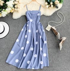 Korean Fashion Chic, Vintage Polka Dot Dress, Dot Print Dress, Kampot, Long Midi Dress, Girls Fashion Clothes, Teen Fashion Outfits, Trendy Dresses, Summer Dresses For Women