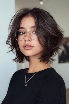 30 Trendy Short Hair with Layers Ideas 90s Layered Bob Short, Short Hairstyle Women Plus Size, Short Hair Glasses Women, Messy Short Hairstyle Women, Short Hairstyle Women With Glasses, Asymmetrical Bob Short Edgy, Layered French Bob, Short Butterfly Cut, Short Hairstyles With Glasses