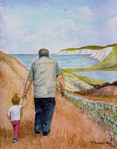 an older man walking down a dirt road with a child on his hand and the ocean in the background