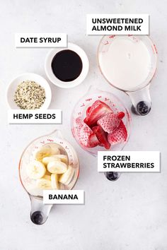 the ingredients to make a smoothie include bananas, strawberries, milk and yogurt