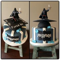 Darth Vader graduation cake Darth Vader Graduation Cap, Darth Vader Cake Ideas, Star Wars Darth Vader Cake, Earth Vader Cake, Star Wars Chocolate Cake, Graduation Open Houses, Graduation Cakes, Grad Parties, Homemade Cakes