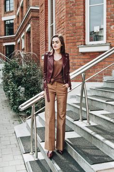 Moto Jacket Outfit, Palazzo Pants Outfit, Brown Cami, Camel Pants, Burgundy Pumps, Burgundy Leather Jacket, Knotted Shirt, Cozy Winter Outfits, Linen Tank Top