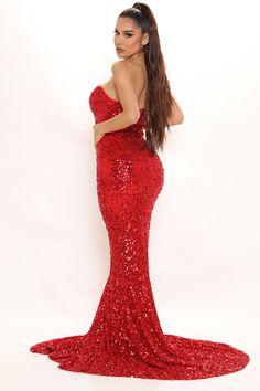 Available In Silver And Red. Sequin Maxi Dress With Train Strapless Padded Bust Mesh Cut Out Hidden Back Zipper Fully Lined Stretch Self: 100% Polyester Lining: 100% Polyester Imprted | The Most Wanted Sequin Gown Dress in Red size 2X by Fashion Nova Dress With Train, Sequin Maxi Dress, Sequin Maxi, Sequin Gown, Red Sequin, Xl Fashion, Most Wanted, Gown Dress, Red Fashion