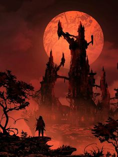 a man standing on top of a tree covered hillside under a giant red full moon