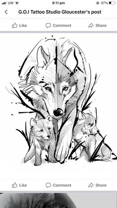 a drawing of a wolf and her cubs