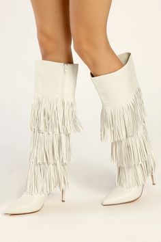 White Fringe Cowboy Boots, White Fringe Boots, Fun Boots, Fringe Cowboy Boots, Bugaboo Donkey, Fringe Clothing, Stiletto Heels Boots, Fringe Fashion, Nashville Outfits