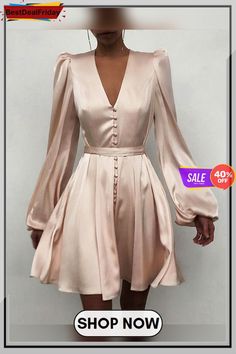 Plain Puff Sleeve Ruched Button Front Dress Women Silk Dress, Dorothy Dandridge, Midi Dress Plus Size, Long Sleeve Cocktail Dress, Dress Sleeve Length, Belted Midi Dress, Long Sleeve Casual Dress, Evening Dresses Elegant, Mode Inspo