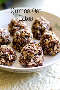 quinoa oat bites on a plate with the words quinoa oat bites