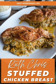 two pieces of chicken on a white plate with the words, ruth christ stuffed chicken breast