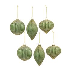 six green christmas ornaments hanging from strings