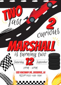 a race car birthday party poster with the number two on it's front and back